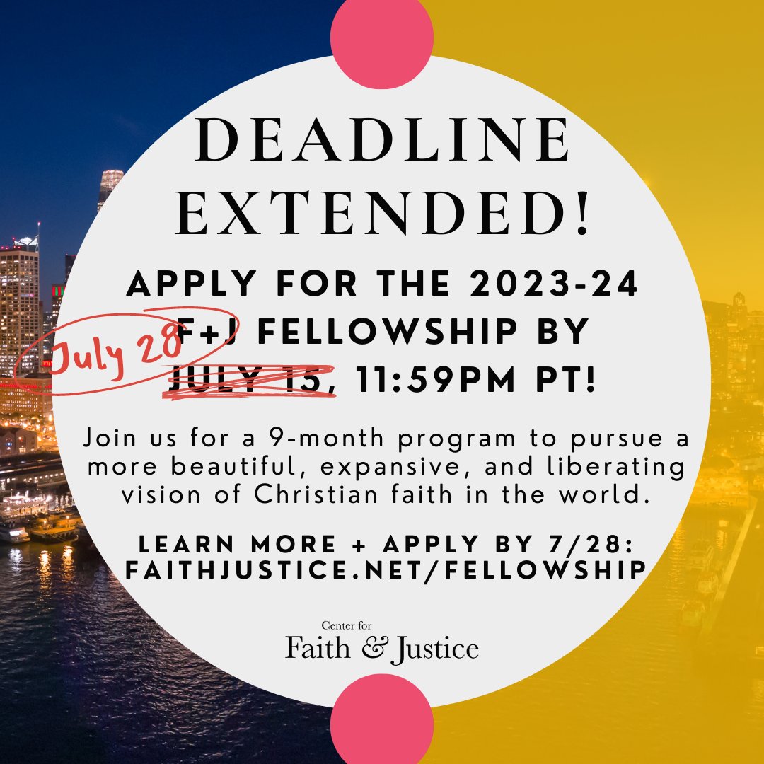 FaithJusticeNet's tweet image. APP DEADLINE EXTENDED TO 7/28! There is still time to join us for the F+J Fellowship, a 9-month journey of theological formation for exploring the spiritual and public dimensions of Christian faith. Learn more + apply by July 28: faithjustice.net/fellowship