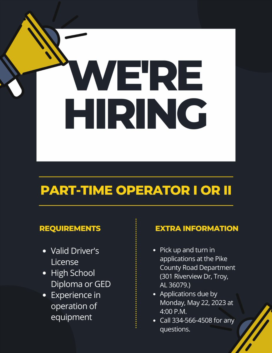Now hiring Part-Time Operators I and II, apply today by dropping off your application at the Pike County Road Department! Applications are due May 22nd! #hiring #applynow