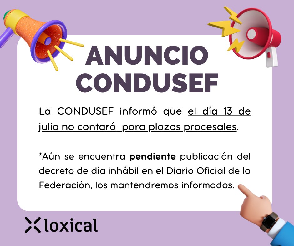 loxical's tweet photo. #AnuncioCONDUSEF Atención para entidades supervisadas por Condusef, consideración de día inhábil! Pendientes de la publicación oficial en el DOF.
Link de consulta: https://t.co/tAGn9nPQos 

#CONDUSEF #inhabil #registro #cumplimiento https://t.co/KvEH7aqb69