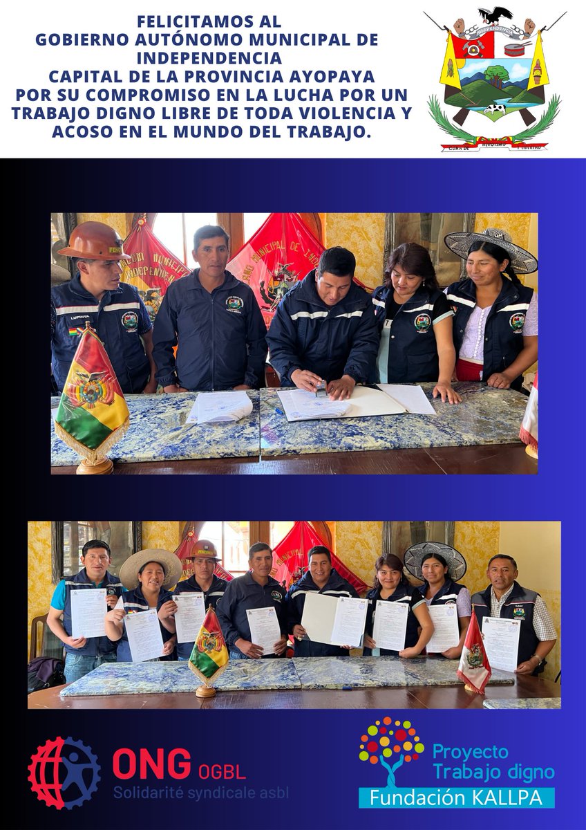 DignoProyecto's tweet photo. Felicitamos al Gobierno Autónomo de Independencia provincia de Ayopaya por la aprobación de la LEY  DEL DÍA DE LA NO VIOLENCIA EN EL MUNDO DEL TRABAJO, siendo el 1er municipio del departamento de Cochabamba y de Bolivia que lucha contra la violencia y acoso laboral. https://t.co/zbt4AqnElE