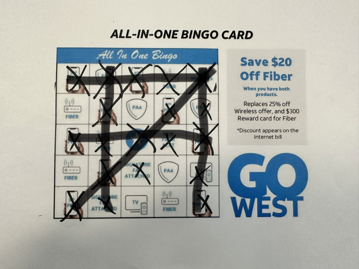 We work for AT &amp; T, not AT or T, so why make customers choose when they can have #AllInOne ! Great visit today from <a href="/GraceFCarrillo/">Grace Carrillo</a> , <a href="/bpioli22/">Brooke Pioli</a>  and <a href="/ManfredoRendon/">Manfredo Rendon</a> !! I heard we had @gowestregion bingo cards too! Looks like #FriscoFire has 5 bingos and counting! <a href="/NTX_Market/">The NTX Market</a>