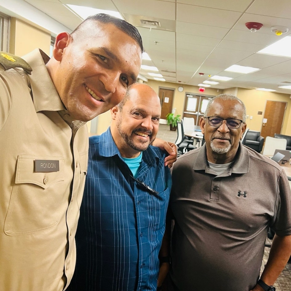 Heroes in the crowd. Kudos go out to WHINSEC Training Support Specialists Juan Rodriguez(center) and Errol Harvey (right). Rodriguez and Harvey ensured junior facilitator, Chaplain (Maj) José M. Rondon Ethics block of instruction was loaded correctly for the CGSOC students.