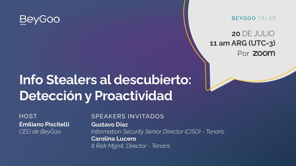 Participá de la #BeyGooTalk del mes junto a nuestro CEO, <a href="/emilianox/">Emiliano Piscitelli</a>, y dos expertos en ciberseguridad de <a href="/Tenaris/">Tenaris</a>: Gustavo A. Díaz y Carolina Lucero. Hablaremos del tema que es el nuevo terror de internet: los #infostealers. 
👉Inscribite aquí: forms.beygoo.io/inscripcion-be…