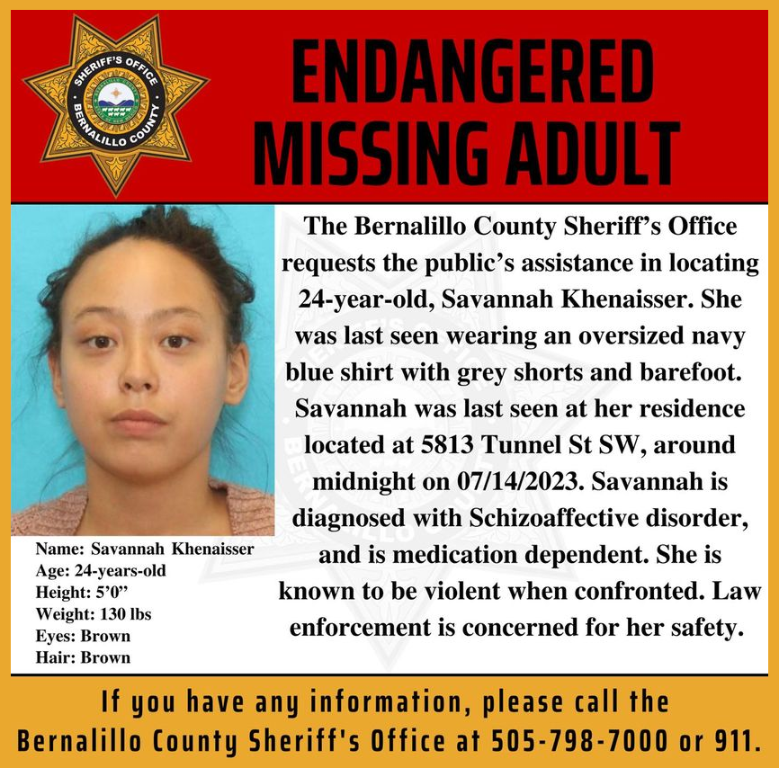 MissingPeopleAA's tweet photo. Savannah Khenaisser
Bernalillo County, NM
#Missing  #New Mexico  #Endangered

https://t.co/5hw9FhIXM8
https://t.co/Xmd0U2iptc
https://t.co/xtI1IqxUK1 https://t.co/ZJirZkvMfO
