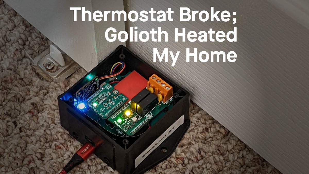 Golioth (@goliothofficial) on Twitter photo This past Christmas, <a href="/szczys/">Mike Szczys @szczys@chaos.social</a> was cold with a broken thermostat. Instead of going out to buy another thermostat for the THIRD time, he thought that he would try to connect the Golioth Greenhouse Controller to his house, and it worked! π
Read more: glth.io/44otpZS This past Christmas, <a href="/szczys/">Mike Szczys @szczys@chaos.social</a> was cold with a broken thermostat. Instead of going out to buy another thermostat for the THIRD time, he thought that he would try to connect the Golioth Greenhouse Controller to his house, and it worked! π
Read more: glth.io/44otpZS
