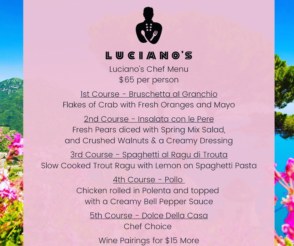 Chef Menu for this weekend featuring Chicken for the entree.  Call 316-777-0045 to make your reservations.