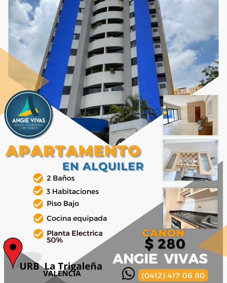 💫 Apartamento en alquiler
 
📍UrbLa Trigaleña

 CANON
 280 $ más condominio 

Alquila
ANGIE VIVAS
04124170680
04265401428

#ALQUILA
#URB
#LATRIGALEÑA
#ZONANORTE
'TRIGAL
#PLANTAELECTRICA
#ALQUILER
#ARRIENDO