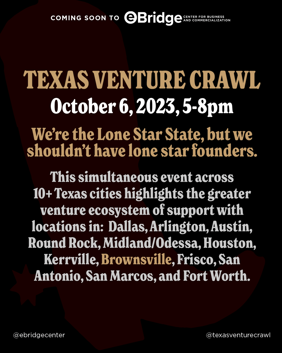 🤠Y'all ready? The #TexasVentureCrawl is hitching a ride to eBridge! Uniting Lone Star entrepreneurs &amp; innovators in one massive event.

Passionate about innovation &amp; local growth?

Follow @texasventurecrawl &amp; register. More to come!
