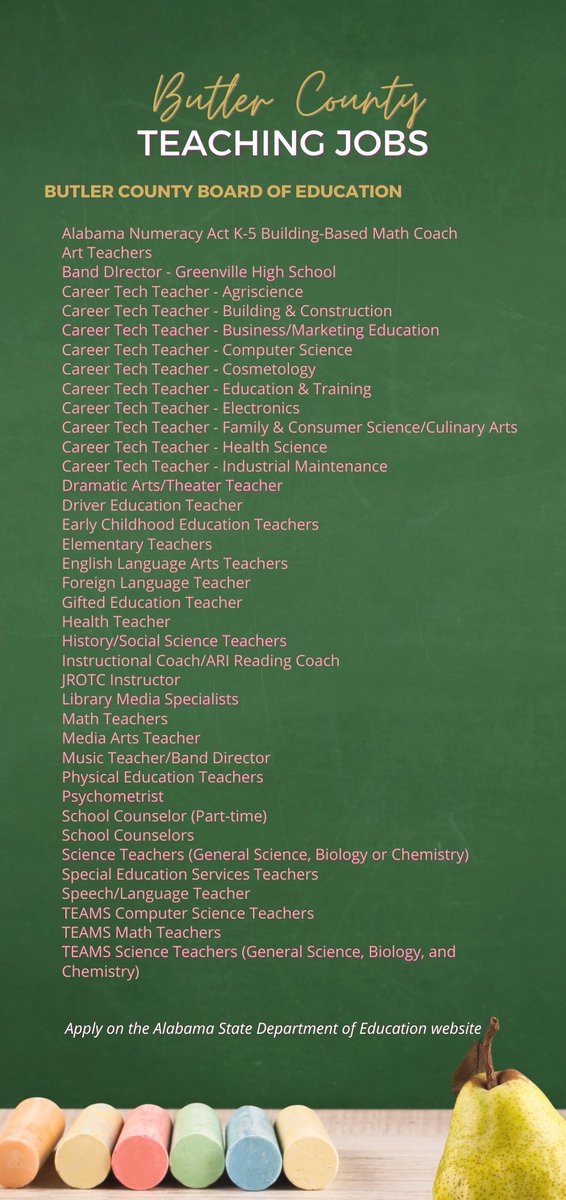 Butler County has several teaching jobs open! Check out the flyer below and apply on the Alabama State Department of Education website! #hiring #ApplyNow #ButlerCounty #Teaching #southeastalabamaworks