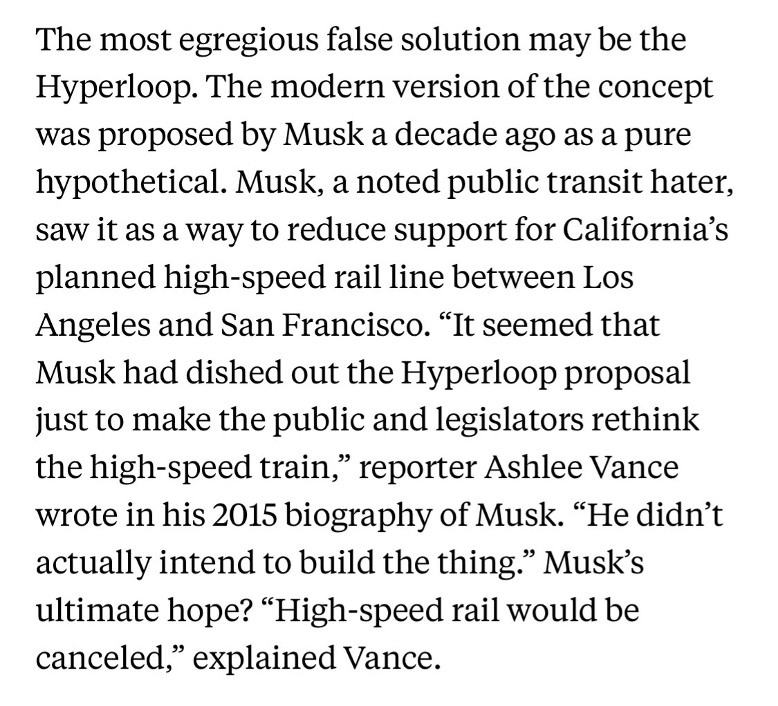 parismarx's tweet image. The Hyperloop was never meant to be built. Elon Musk admitted it was all about fueling opposition to California’s high-speed rail project so it would get canceled.

He never planned to improve transportation; he just wants to keep people trapped in cars.

newrepublic.com/article/174089…