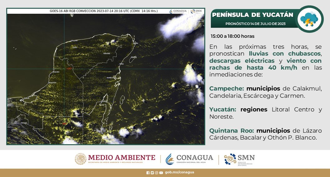 El #Pronóstico para estados del sureste del país, la #PenínsulaDeYucatán, así como para zonas de #Guerrero serán de #Lluvias con #Chubascos, posible caída de #Granizo y #Rachas de #Viento de hasta 40 km/h.