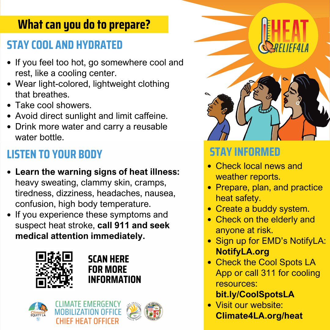 Prepare & protect yourself for Heat Season! Make a plan to practice heat safety before heat waves arrive. Check out our Heat Relief Resource Poster to learn more about how to keep yourself & your community safe during heat waves ➡️ Climate4LA.org/Heat ☀️ #HeatRelief4LA