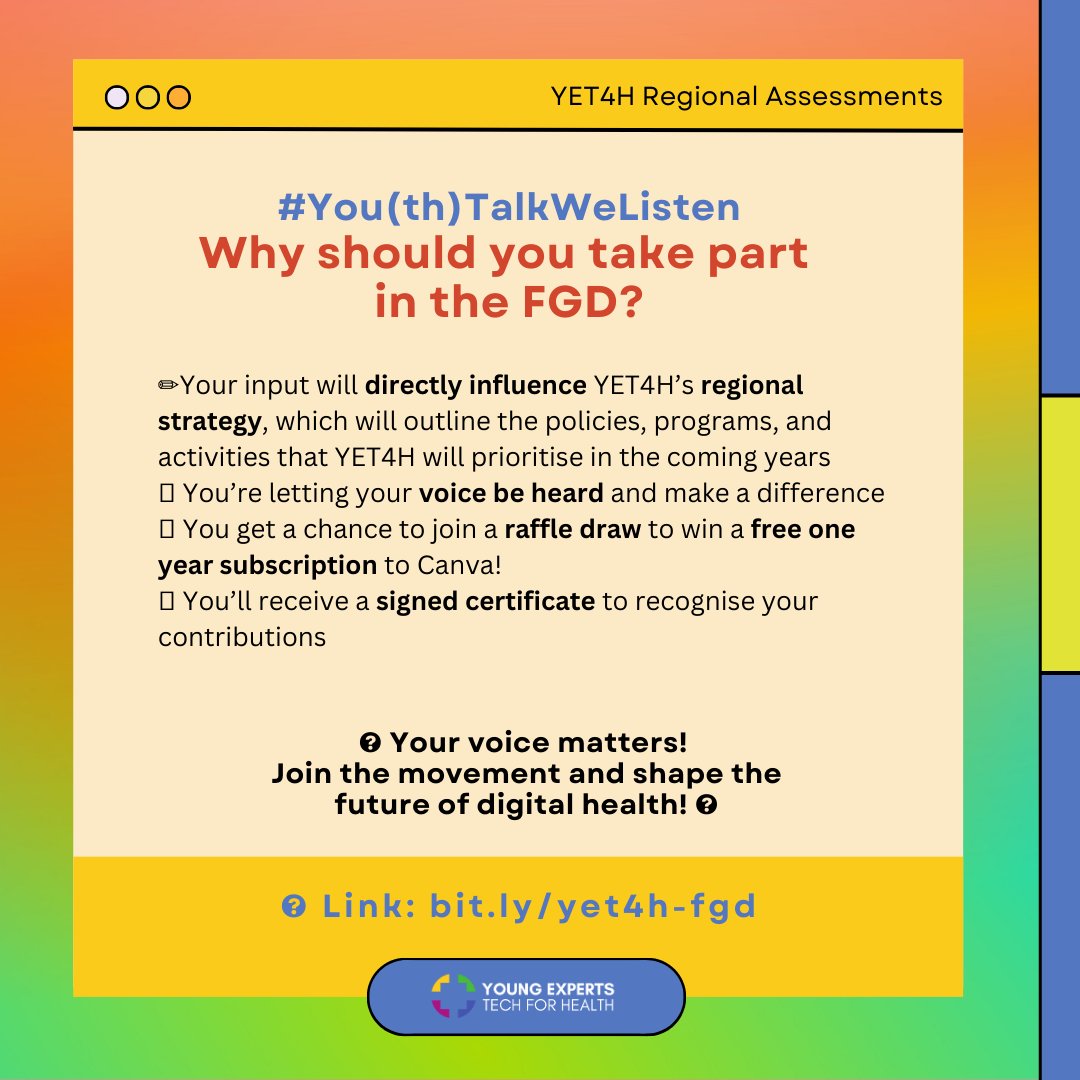 yet4uhc's tweet photo. Hello, young visionaries!
We need your voices in shaping the future of digital health. Join our Focused Group Discussions (FGDs) and let your insights guide the development of youth-centred digital systems.
Express interest HERE: https://t.co/dMEdUioWYv
#YouthVoicesMatter https://t.co/vulZDIkaXU