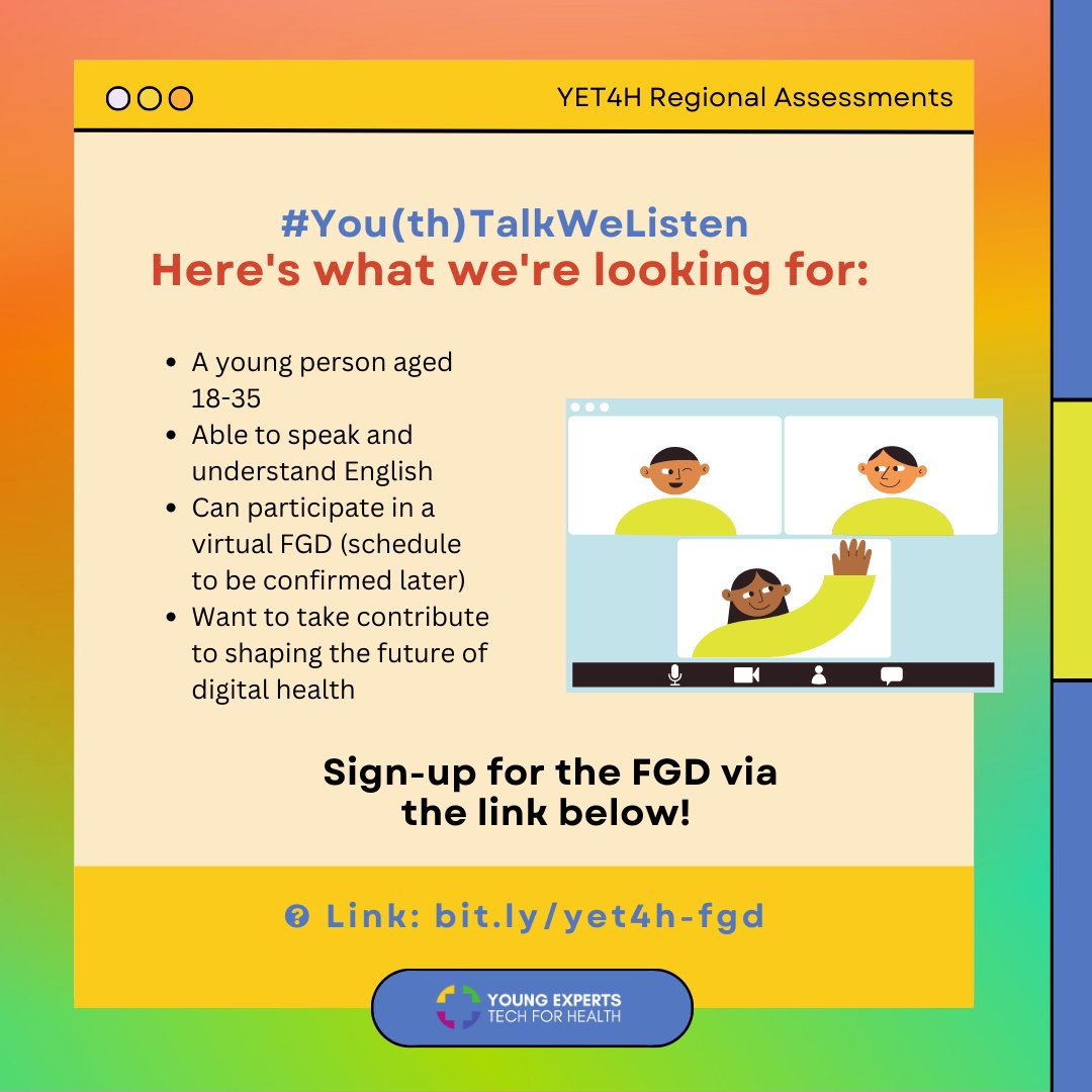 yet4uhc's tweet photo. Hello, young visionaries!
We need your voices in shaping the future of digital health. Join our Focused Group Discussions (FGDs) and let your insights guide the development of youth-centred digital systems.
Express interest HERE: https://t.co/dMEdUioWYv
#YouthVoicesMatter https://t.co/vulZDIkaXU