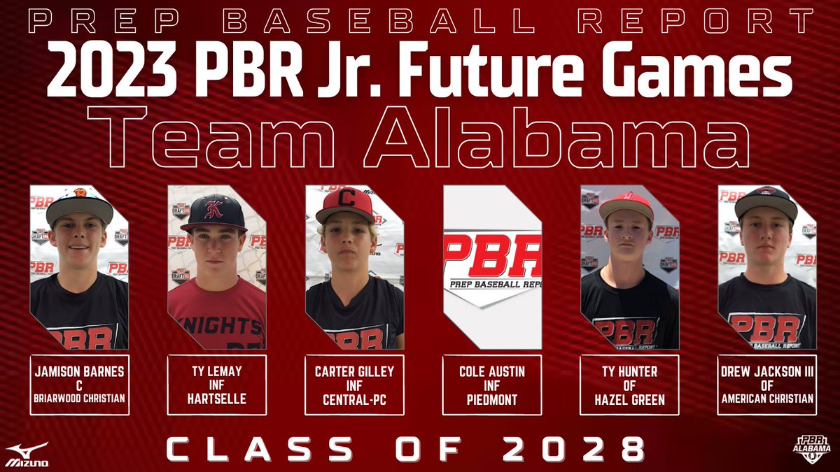 PrepBaseballAL's tweet photo. #PBRJFG23: 𝐀𝐥𝐚𝐛𝐚𝐦𝐚 (𝟐𝟎𝟐𝟖)

+ Introducing the following 2028's who will be repping #TeamAL on 7/25-7/30 at @LakePointSports.

• @JBarnes2028
• Ty Lemay
• @Carter_Gill2
• @ColeL_Austin
• @THunter434
• @DrewJackson315

#BamaBoys x @PrepBaseball https://t.co/Oa0ZjlBeyH