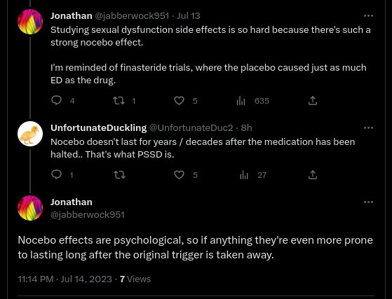 BadPSSDTakes's tweet photo. Apparently, nocebo can last for years to decades in thousands of people. 

This can apparently also happen in cases where the patient has no negative expectations or awareness of the potential side effects.

🤡

Anything to not have to admit PSSD exists! https://t.co/k4Jzv4nQUU