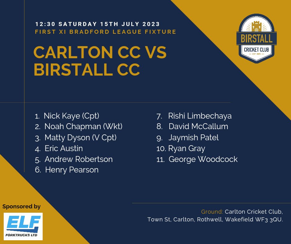 BirstallCricket's tweet photo. Tomorrows team news. 1sts make their trip to Carlton welcoming familiar faces back to their squad whilst the 2nd Xi host Altofts to the BCG in a top end of the table clash. #upthebcc https://t.co/qIyGnSyOb2