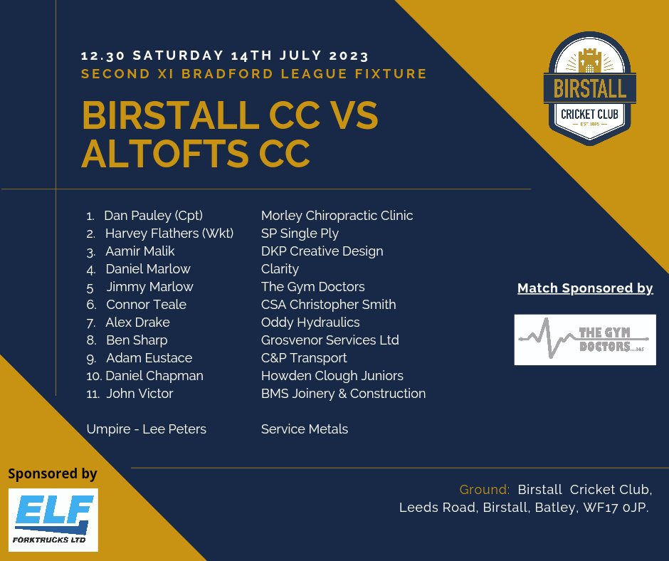 BirstallCricket's tweet photo. Tomorrows team news. 1sts make their trip to Carlton welcoming familiar faces back to their squad whilst the 2nd Xi host Altofts to the BCG in a top end of the table clash. #upthebcc https://t.co/qIyGnSyOb2