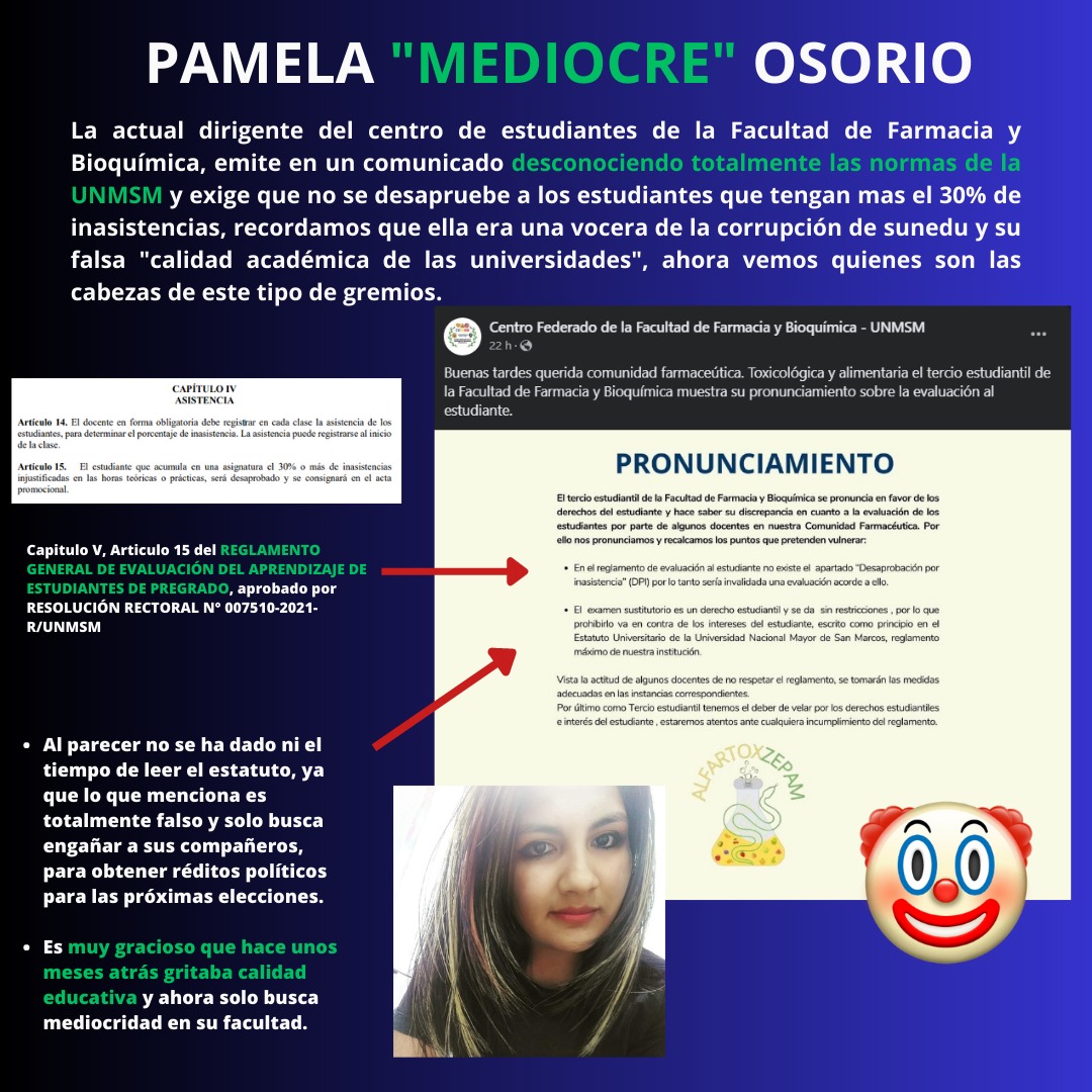 fusm1948's tweet photo. Pamela Osorio, actual dirigente del CEFB, pretende implantar la mediocridad en su facultad.
Estos gremios solo buscan desprestigiar la UNMSM y su trayectoria.

@laeducserespeta https://t.co/bWVuaCrwmV