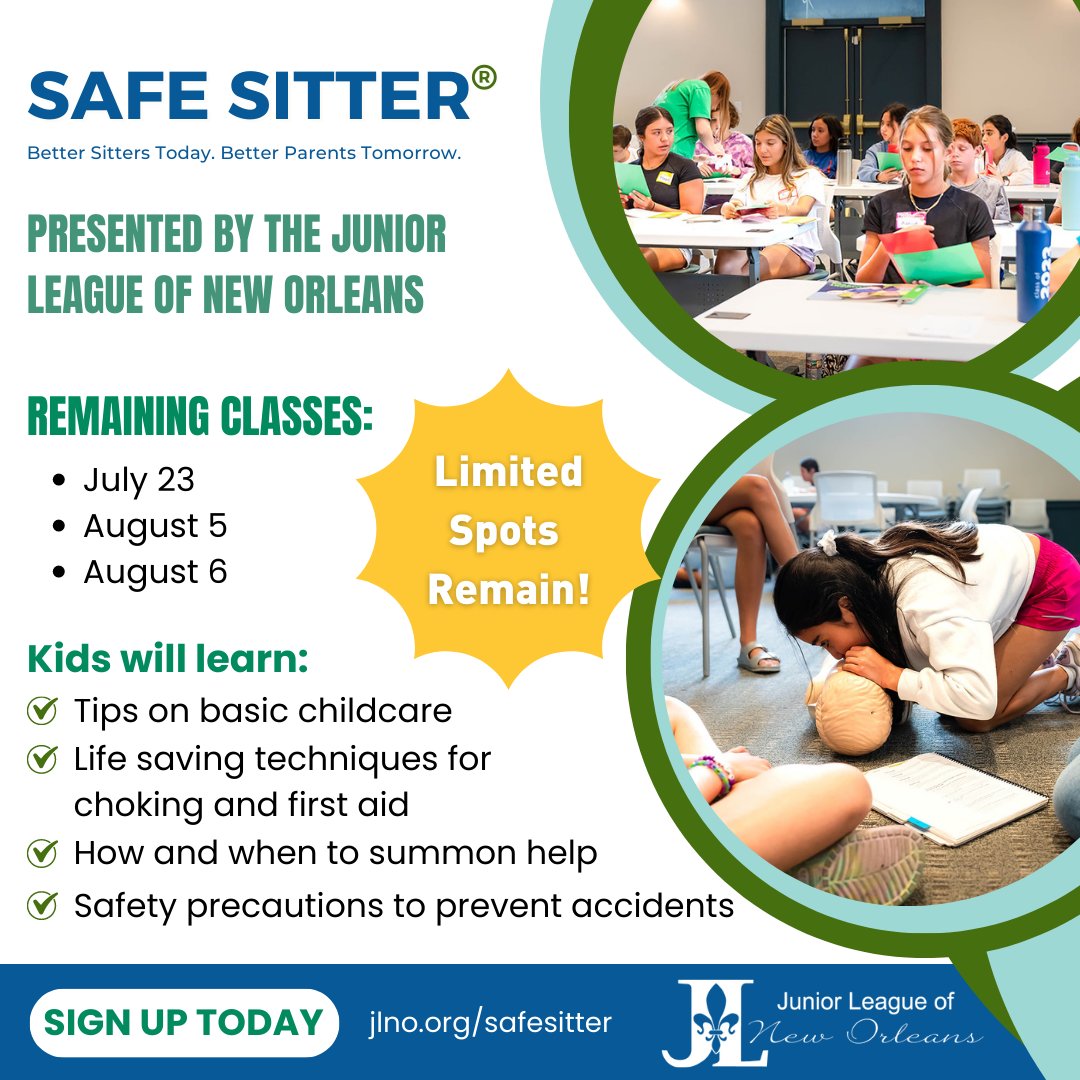 Limited spots remain for #JLNO SAFE SITTER® classes! Boys &amp; girls ages 11 to 13 will learn how to be safe when they’re home alone, watching younger siblings, or #babysitting. Sign your kids up today at jlno.org/safesitter.