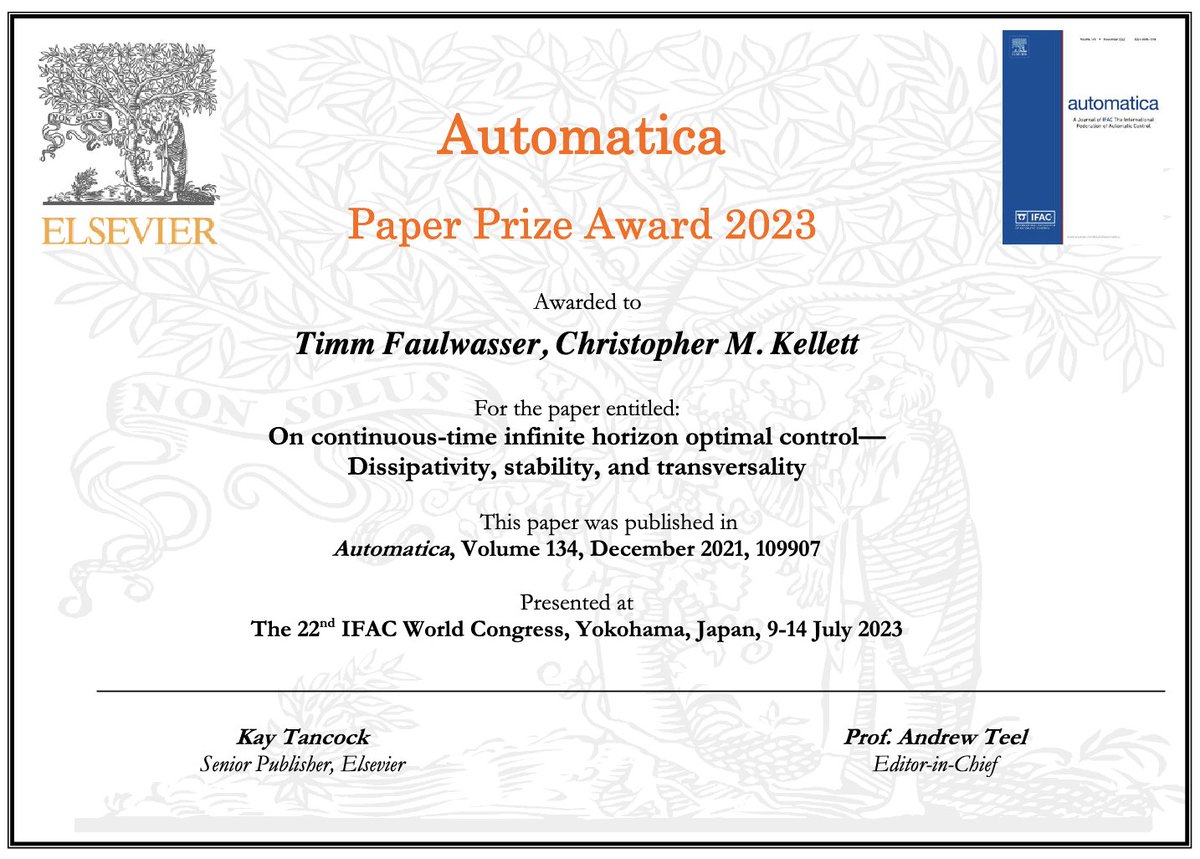 Timm Faulwasser (@timmfaulwasser) on Twitter photo Honored and humbled that we received the Automatica Paper Prize Award for our paper "On continuous-time infinite horizon optimal control - Dissipativity, stability, and transversality" at the closing of <a href="/IFAC2023/">IFAC World Congress 2023 (Yokohama, Japan)</a>. Shoutouts to my colleague and friend <a href="/cmkellett/">Christopher M Kellett</a> Honored and humbled that we received the Automatica Paper Prize Award for our paper "On continuous-time infinite horizon optimal control - Dissipativity, stability, and transversality" at the closing of <a href="/IFAC2023/">IFAC World Congress 2023 (Yokohama, Japan)</a>. Shoutouts to my colleague and friend <a href="/cmkellett/">Christopher M Kellett</a>