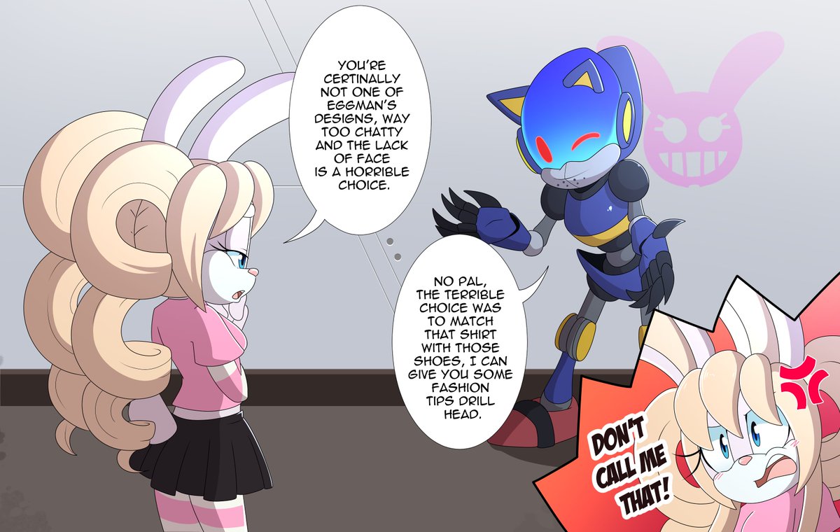 Glimmyglam's tweet image. Art by @APinksaur 
Steph found this strange robot in the basement of the lab. Eggman wasn't one to collect knock offs, doubt its gonna last long online if it continues to be this annoying.

I both love and hate chaos sonic.