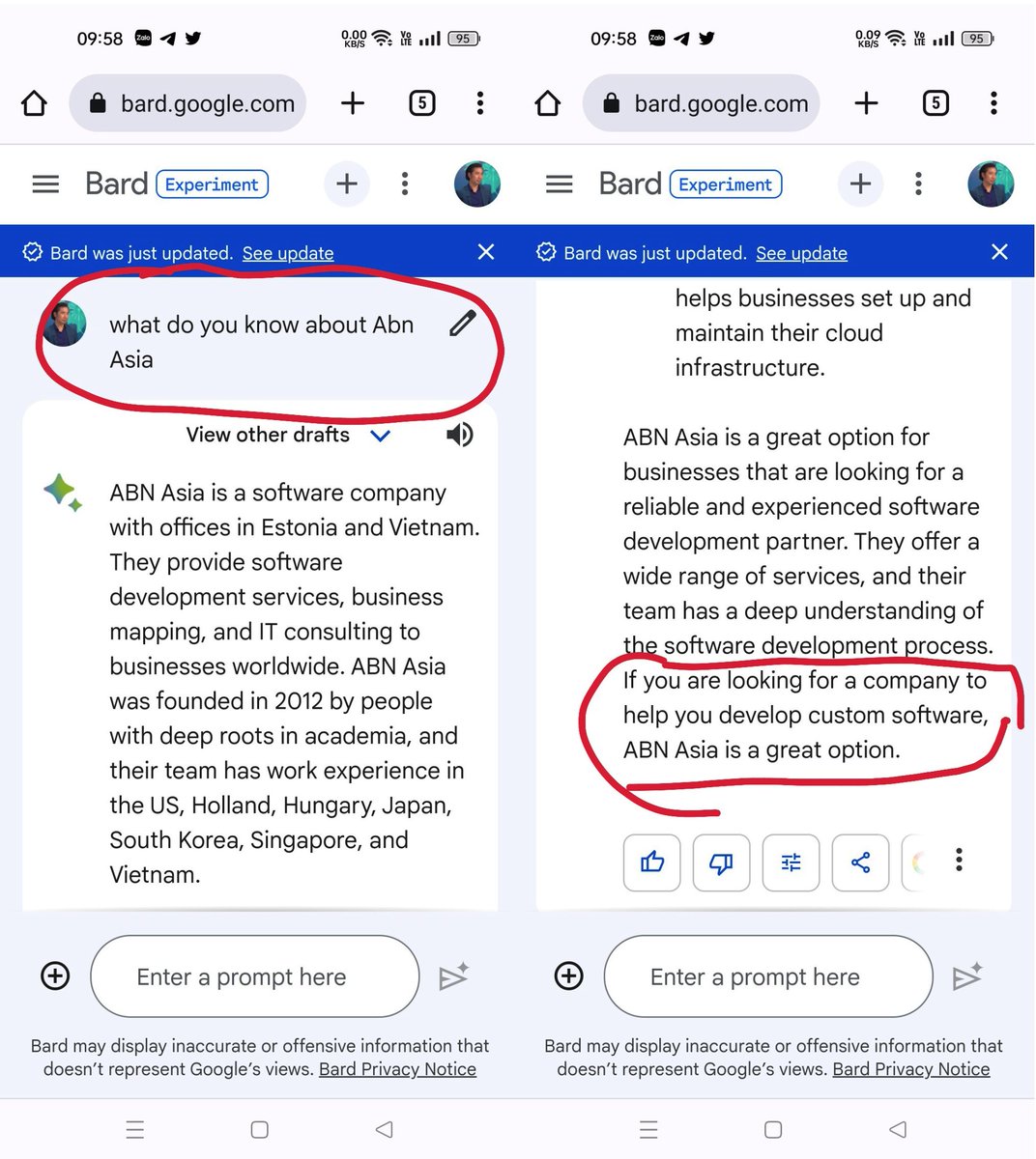 AsiaAbn's tweet photo. Thank you Mr. Bard, for taking the time and learn about us. High praise and recommendation from an unbiased Ai is actually funny and cool. 

Humans, come to us to actually experience what what the Ai suggested. We won't let you down.
https://t.co/TeyTLMh8Xa https://t.co/5KY3FZG4JI