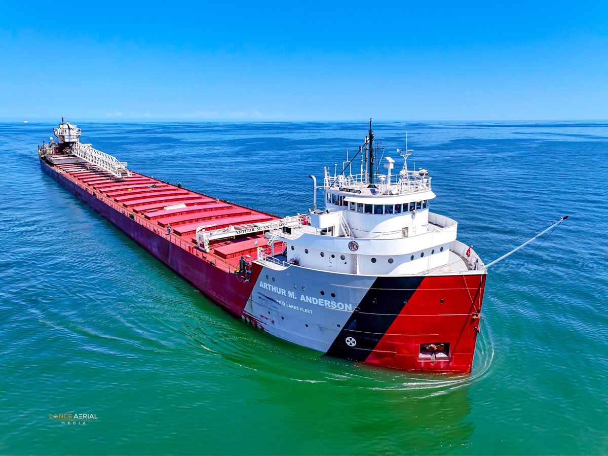 lance_aerial's tweet photo. In Cleveland — Arthur M. Anderson makes a rare Cleveland visit  this week. This ship was directly behind the Edmund Fitzgerald when it sank, struck by the rogue wave that was 30’+ in height, and was the last to communicate with the ship before it sank. #cleveland #shipspotting #edmundfitzgerald #greatlakesshipping #lakeerie #lakesuperior