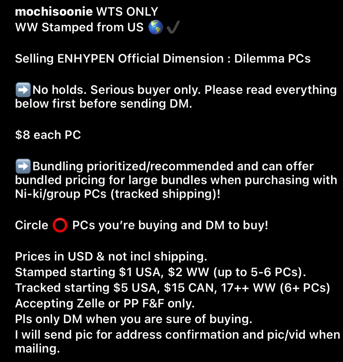 wts enhypen d:d photocard

Selling #ENHYPEN Dimension Dilemma photo cards official

No holds

PC $8 ea

+Stamped $1 US/$2 WW

DM to buy

sell enha jungwon heeseung sunghoon jay jake sunoo ni-ki pc photocard #엔하이픈 포카 #wtsenha #wtsenhypen #enhasale #enhypensale #sellenhypen