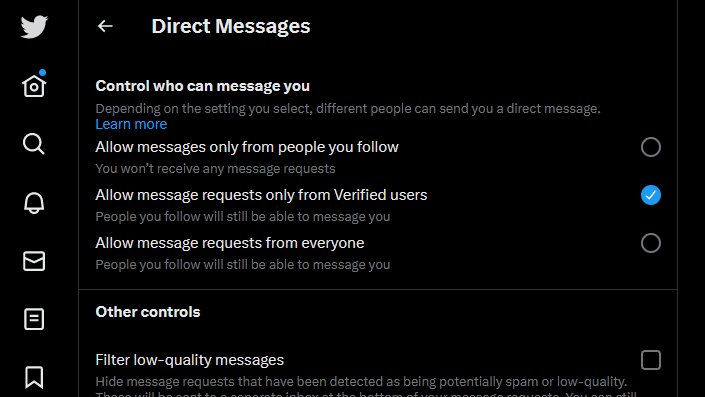 PSA: with no notice given, my account's DM settings were changed to only allow bluechecks. AKA the last people I want sending me DMs. Only noticed because someone else said it happened and I checked my own. You can change this in Settings > Privacy and Safety > Direct Messages.