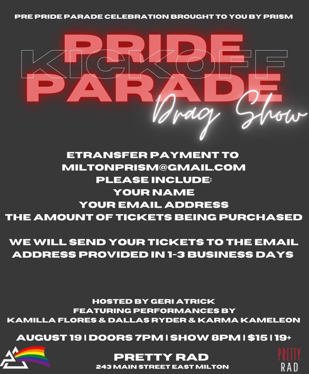 📣📣HALTON PRIDE PARADE kickoff drag show! 

Tickets go on sale TOMORROW! 

Please follow the instructions on the poster. GET YOUR TICKETS &amp; we will see you at Pretty Rad in Milton! 🫶