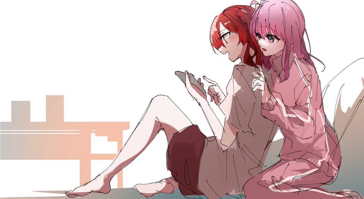 gotou hitori multiple girls 2girls pink hair sitting red hair jacket track jacket  illustration images