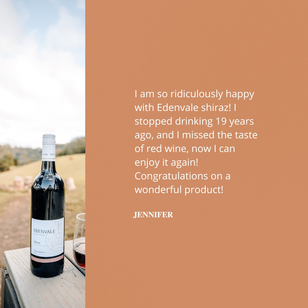 Thank you so much for such a wonderful review, Jennifer!

You have made our day, week, and month! Cheers 🥂

#edenvalewines #nonalcoholic #alcoholremoved #lovingtwentytwentyfree #AFwine #customerreview #weloveourcustomers