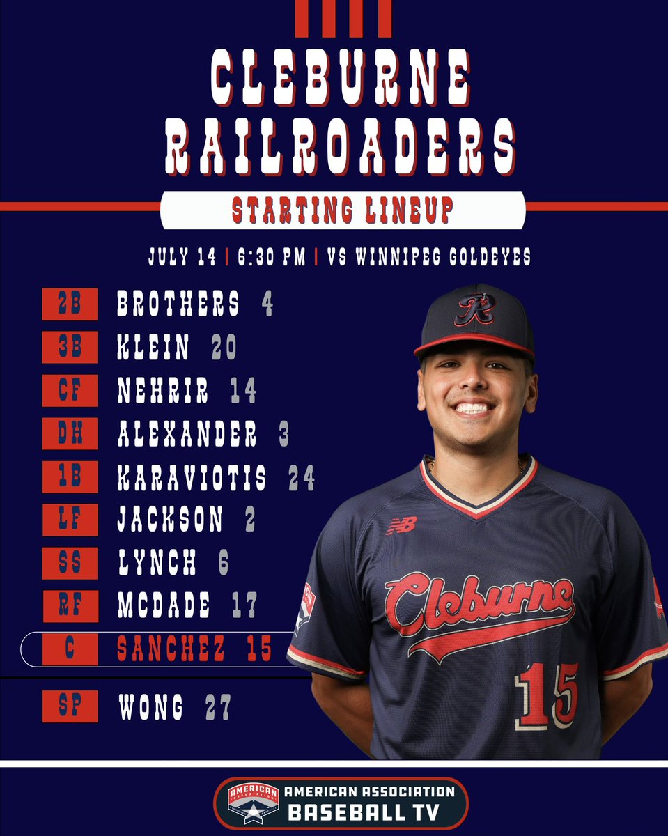 Time to even the score! Game 4 against the Goldeyes is less than an hour away!

📺: #CLEvsWPG on aabaseball.tv
📻: MixLr.com/Cleburnerailro…