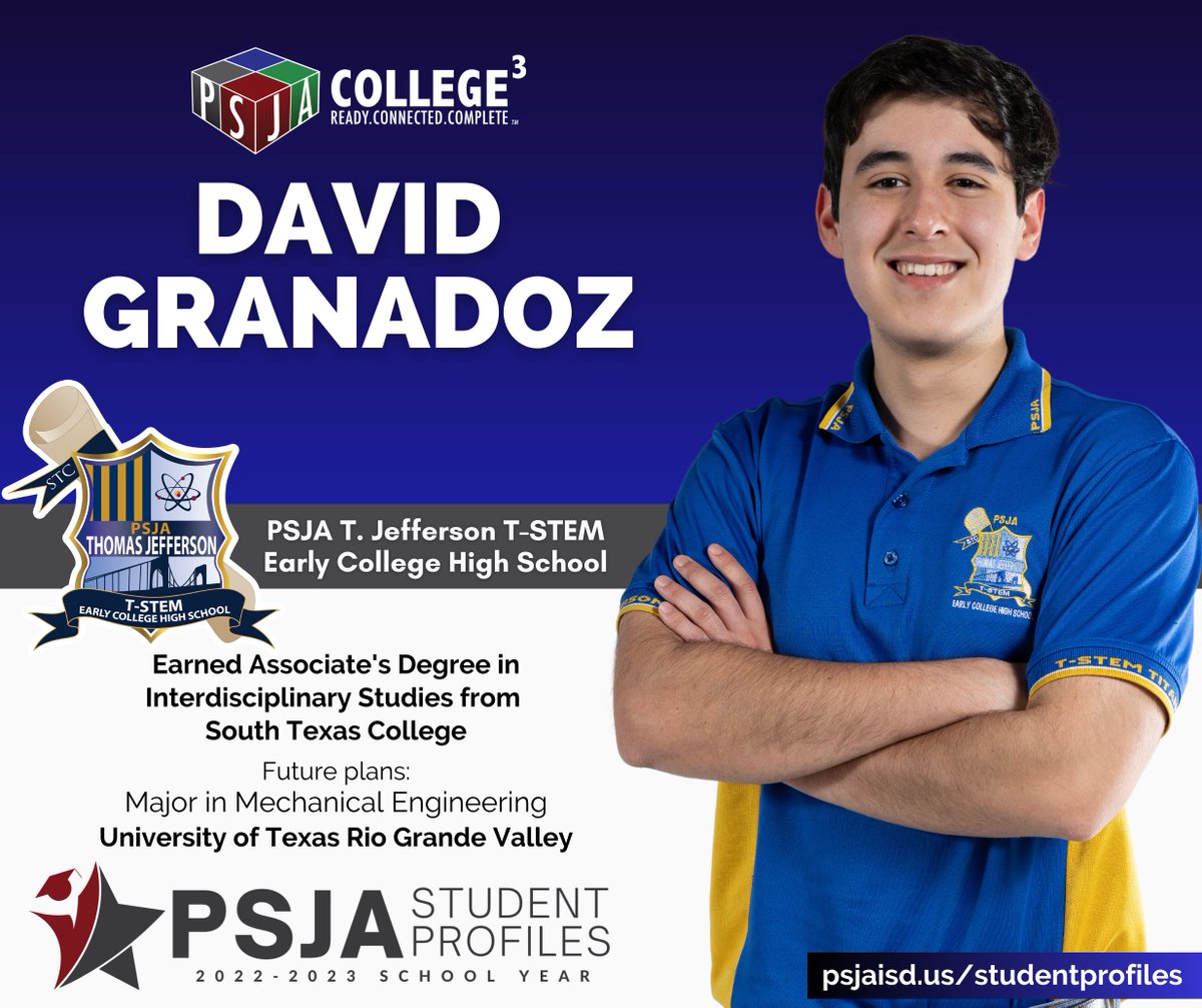 Congratulations to recent PSJA T. Jefferson T-Stem ECHS graduate David Granadoz for being recognized as a 2023 PSJA Student Profile!

Watch the full video here: bit.ly/3NQwMCX

Learn more about David and our other Student Profiles at bit.ly/38CtXDo