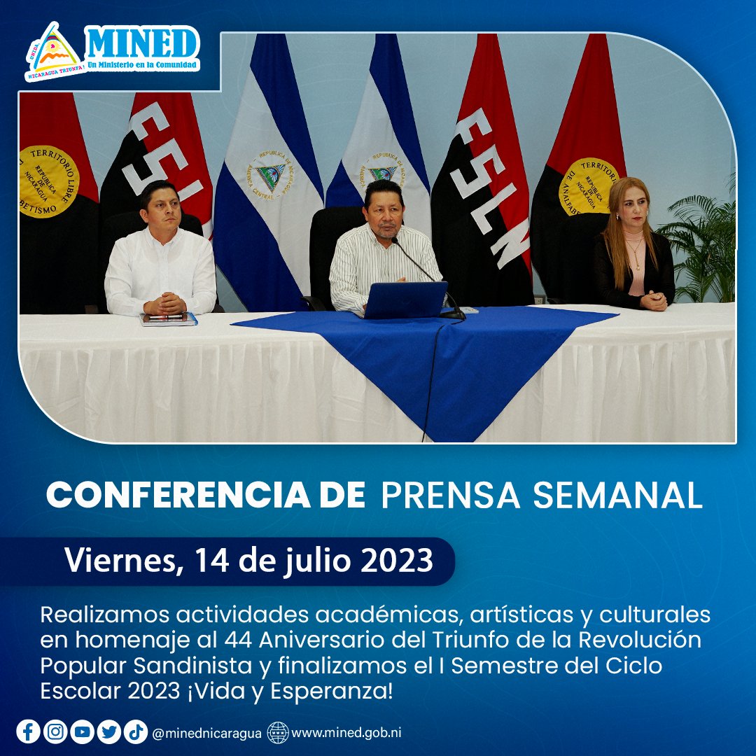 minednicaragua's tweet photo. 📑Conferencia de Prensa Semanal | Realizamos actividades académicas, artísticas y culturales en homenaje al 44 Aniversario del Triunfo de la Revolución Popular Sandinista y finalizamos el I Semestre del Ciclo Escolar 2023 ¡Vida y Esperanza! https://t.co/IDtnN07ge9