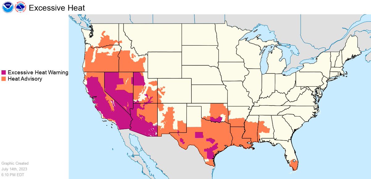 NWS's tweet photo. As of 6pm ET this evening, the widespread and extensive nature of excessive heat warnings and heat advisories cover over 100 million people. This weekend the sweltering and dangerous heat will remain in the forecast, especially across much of the West. Practice heat safety! https://t.co/a26ZBjKQ93