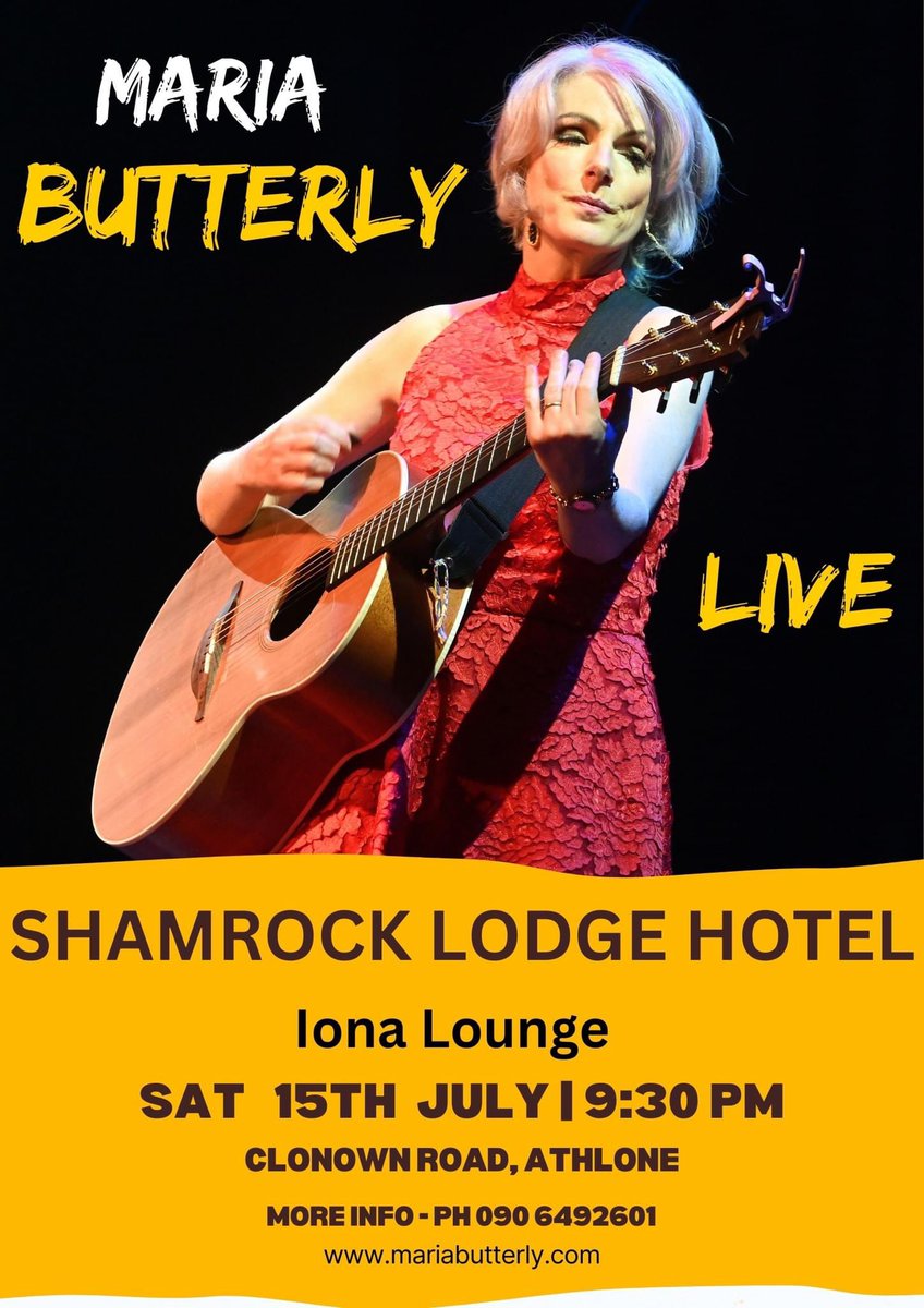 Live GIG this Saturday 15th July in the Shamrock Lodge Hotel. Maria will perform favourite songs ranging from originals / covers in the Celtic Fusion, Americana, Folk, &amp; Modern genre. 

Arrive early to get a seat as Maria has drawn quite a following up this part of Westmeath.