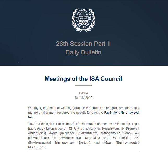 ISBAHQ's tweet photo. Check out the #DailyBulletin for day 4 of the Council.
It summarizes discussions from the informal working groups on:
- protection and preservation of the marine environment
- inspection, compliance and enforcement
https://t.co/SmXxDSHoxx #ISBA28 #DraftRegulations https://t.co/21uIrb2t4y