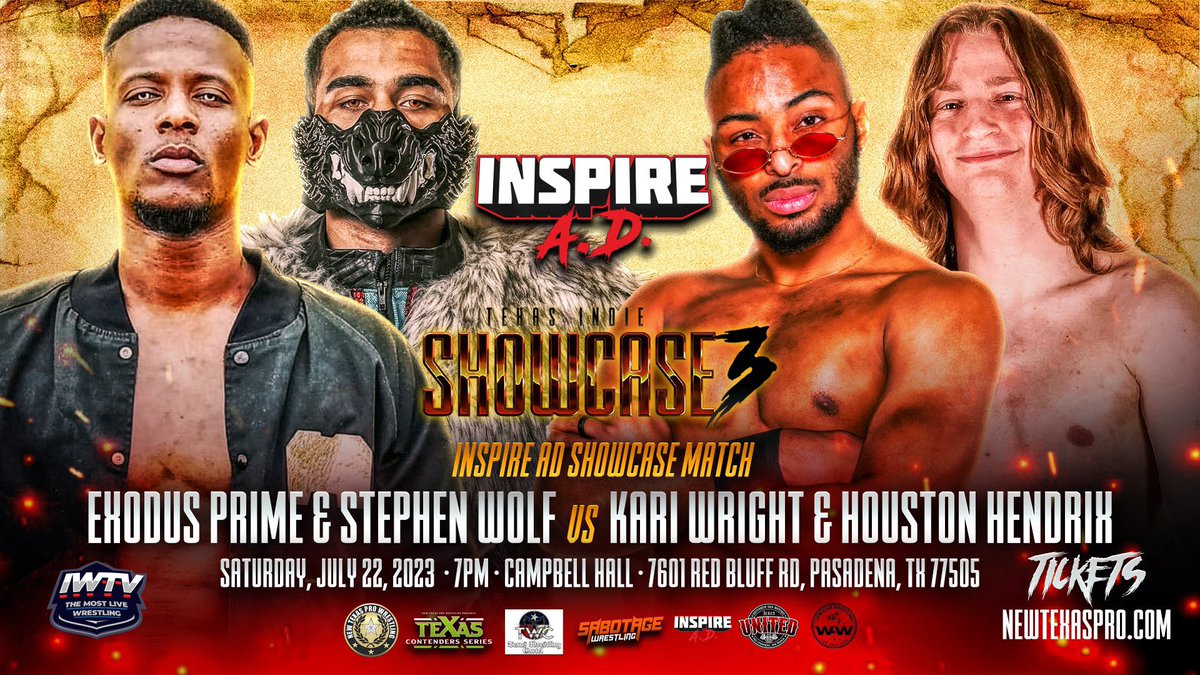 Inspirevictor's tweet photo. Big things in the near future for INSPIRE!

July 22nd: @NewTexasPW’s #TexasIndieShowcase3 in Pasadena

🎟: https://t.co/RtyYDEPQum

July 23rd: STYLE WARS at @pinballzaustin 

🎟: https://t.co/81BsD3mExS

August 6th: RULE IN HELL at @EmpireATX 

🎟: https://t.co/Su43Z7DUKl https://t.co/L140YJ28TY