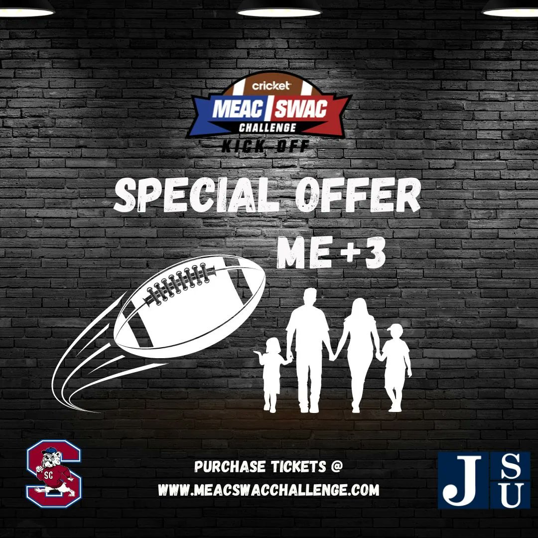 MEAC_SWAC's tweet photo. Our Me+3 ticket offer is now live!!!! You purchase up to 3 tickets and get the 4th one 25% off.  You can purchase tickets @ https://t.co/4hMOjOvBi5. Don’t wait secure them now !!! #therivalryisreal #guardtheeyard #fearthebite #wearescstate #bulldogpride https://t.co/C7ROhFhFAr