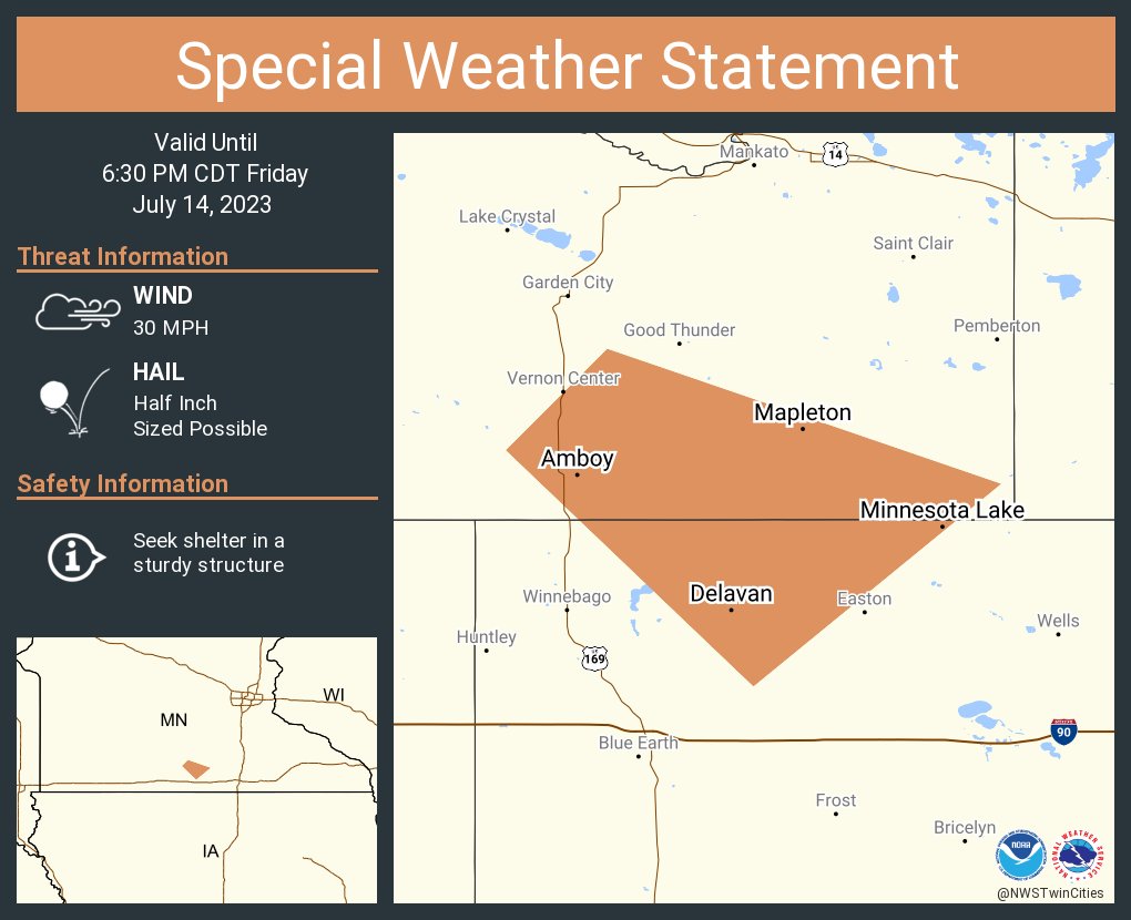 A special weather statement has been issued for Mapleton MN, Minnesota Lake MN and  Amboy MN until 6:30 PM CDT https://t.co/14ZZZI5pCU