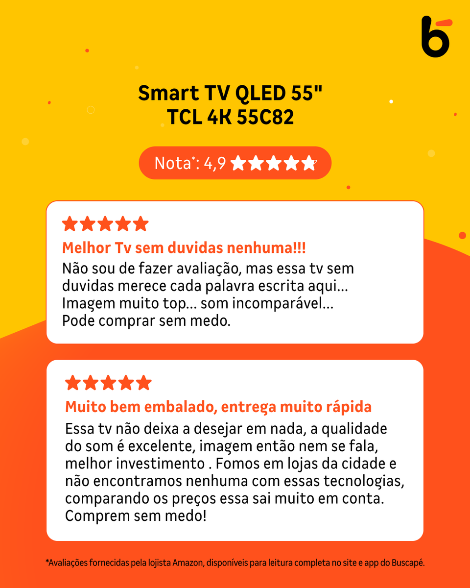 Buscape's tweet photo. Vem ver o que os BuscaLovers estão falando da Smart Tv QLED da TCL! 📺🤩

No Busca, a gente te conta tudo! 👀 Corre para o meu app 🏃‍♂️

#buscape #daumbusca #tcl #smartv #televisao https://t.co/GY97K6StDX