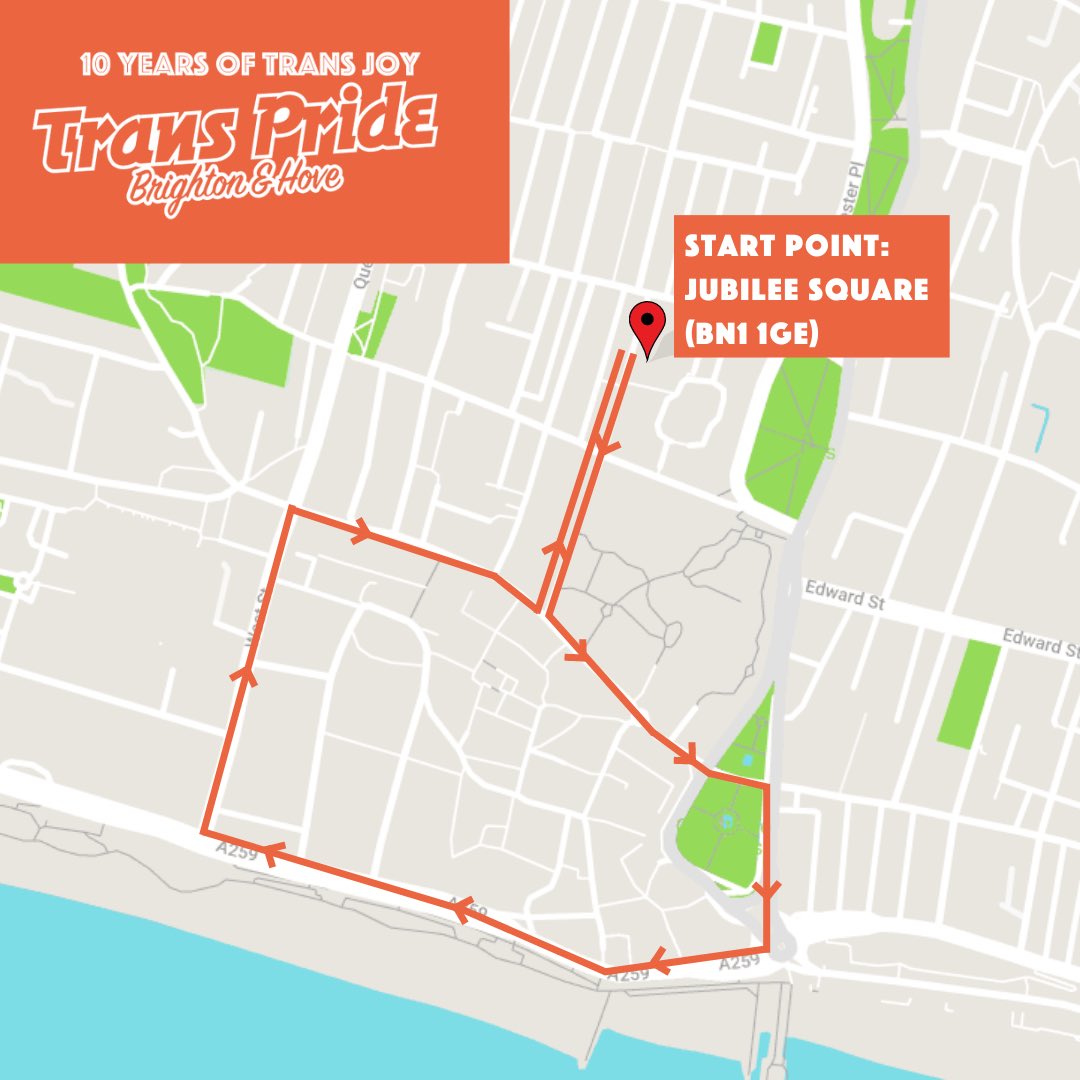 TPrideBrighton's tweet photo. 🚨March updates🚨
Revised march route for tomorrow (Saturday 15th). Timings remain the same. Meet at 11am for the speeches at Jubilee Square (BN1 1GE), the March will start at 12pm.

There will be an accessible meet up at 12:30 at the Clock Tower (BN1 3GJ) for a shorter walk (0.4miles / 0.65 kilometres - which we estimate will take 15-20 minutes). 
We have volunteers who can escort people away from the march if needed.
Thank you to our incredible community for this last minute organisation.