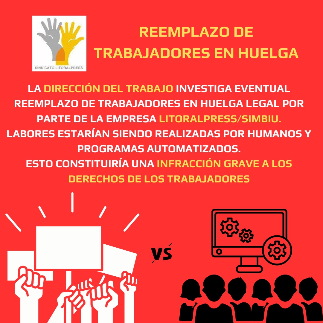 Tras fiscalización de la DT por reemplazo en huelga automatizado en <a href="/LITORALPRESS/">LITORALPRESS by Simbiu</a>, como sindicato esperamos que, de constatarse está vulneración, cese inmediatamente, como se sentó precedente en esta misma empresa en 2017 <a href="/cut/">Cut.com</a> <a href="/CentralClasista/">Central Clasista de Trabajadoras y Trabajadores</a> <a href="/CntChile/">Cnt Chile</a> <a href="/FETRATV/">FETRA TV</a> <a href="/ChilePeriodista/">Colegio Periodistas de Chile</a>