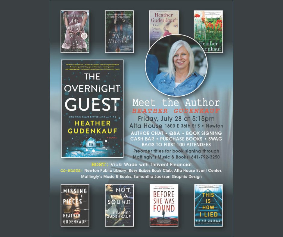 Beat the heat with our cool Meet the Author Event coming to Alta House this July! Meet bestselling Iowa author Heather Gudenkauf on Friday, July 28, 2023, at 5:15 pm. Open to the public, bring your friends!