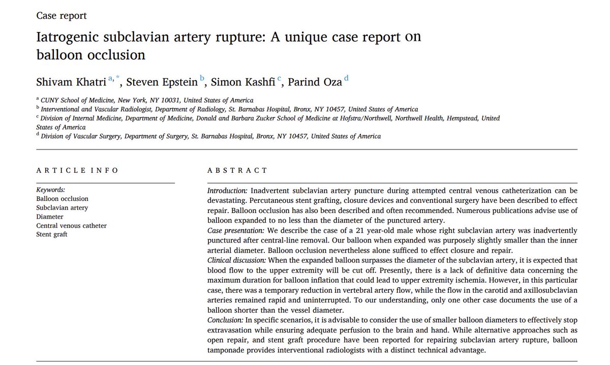 Shivam Khatri (@shivamkhatri99) on Twitter photo Hot off the press. My first IR-related publication. An interesting scenario in which a balloon smaller than the artery was used to occlude the subclavian artery. Thanks to the IR Team <a href="/SBHBronx/">SBH Health System</a> and especially Dr. Steven Epstein for overseeing the project
sciencedirect.com/science/articl… Hot off the press. My first IR-related publication. An interesting scenario in which a balloon smaller than the artery was used to occlude the subclavian artery. Thanks to the IR Team <a href="/SBHBronx/">SBH Health System</a> and especially Dr. Steven Epstein for overseeing the project
sciencedirect.com/science/articl…