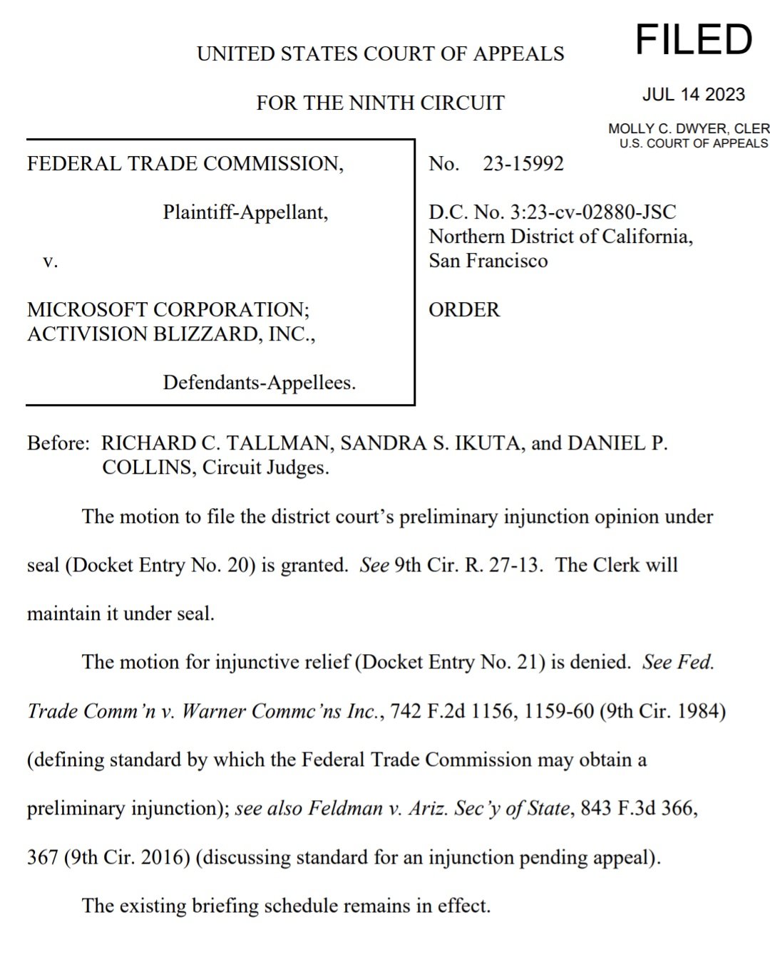 AmericanTruckSongs9 on X: Ninth Circuit rejects FTC's request for another  stay. One more business day until the Microsoft Activision deal likely  closes.   / X