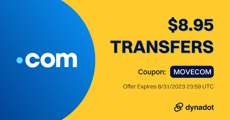 Dynadot's tweet photo. Wishes do come true! We’re offering .COM transfers for only $8.95 until Aug 31 🤩