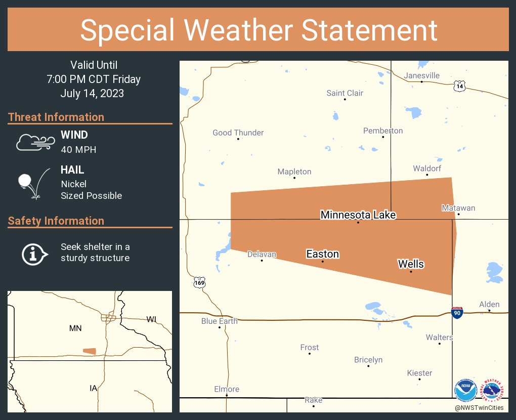 A special weather statement has been issued for Wells MN, Minnesota Lake MN and  Easton MN until 7:00 PM CDT https://t.co/tj3rwsP8oj